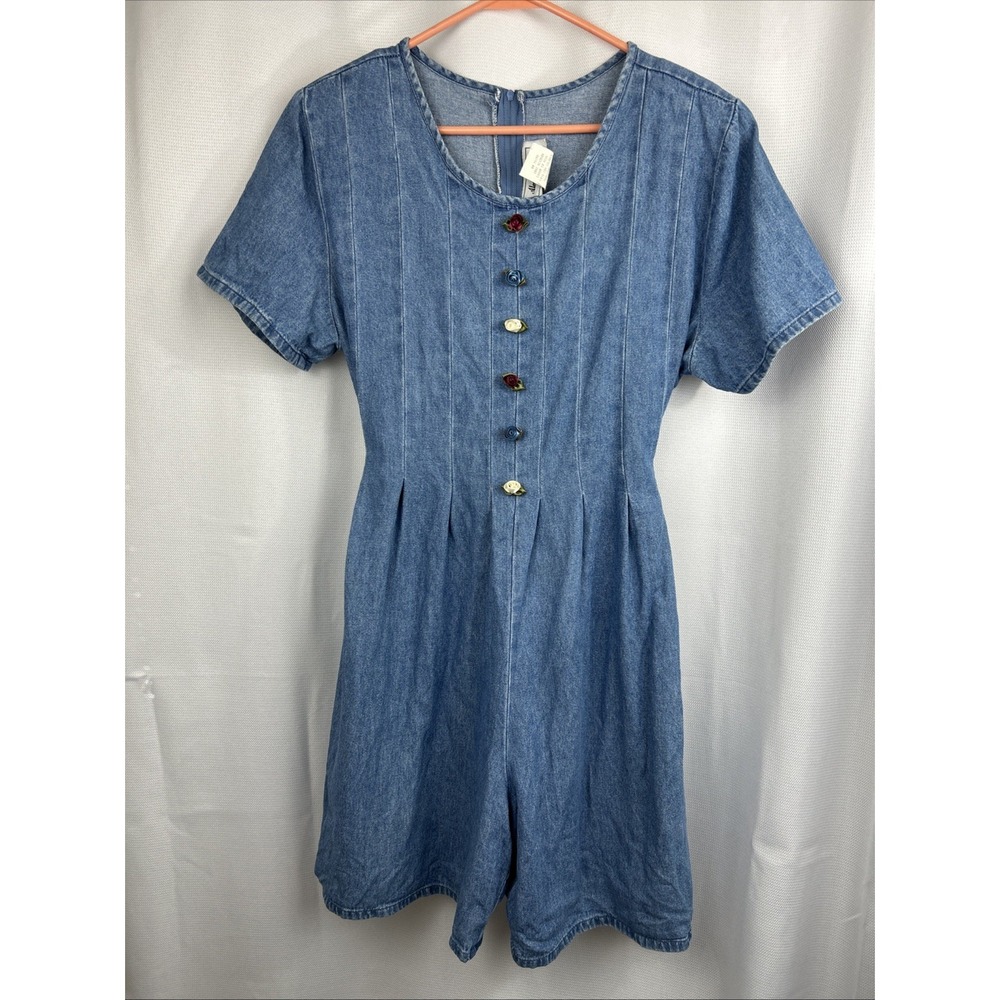Alexandra Lee Vtg Denim Romper Satin Ribbon Roses Pleated 14P Cottagecore 90s